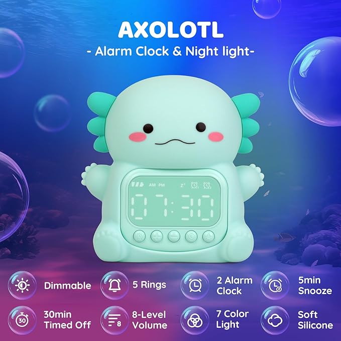 Axolotl Alarm Clock with Night Light for Kids, Rechargeable Silicone Lamp Time to Wake Clock Cute Animal Tabletop Lamp, Perfect Sleep Companion for Boys Girls, Green - Bloomnest