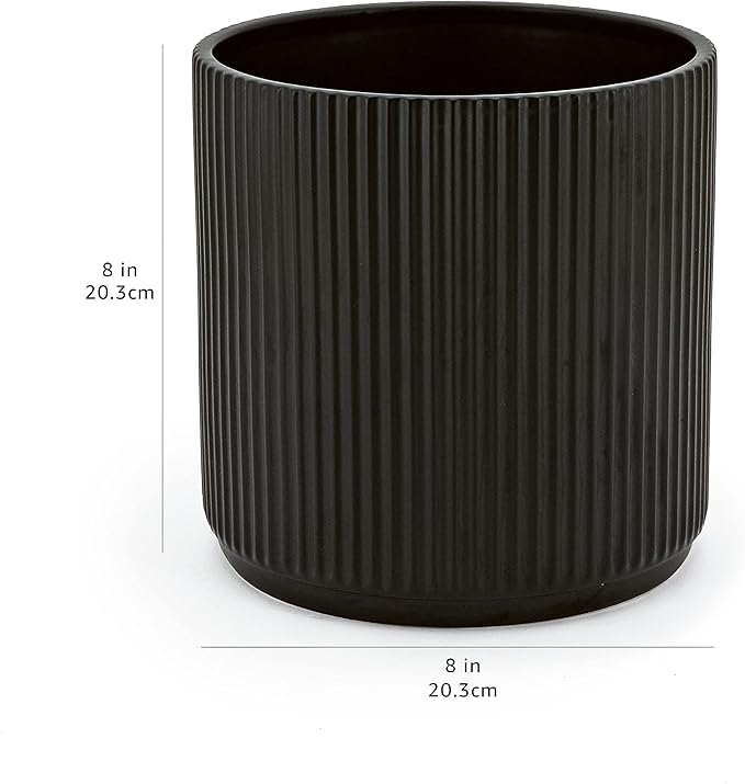 Amazon Basics Fluted Round Ceramic Planter, 8-inch, Black - Bloomnest