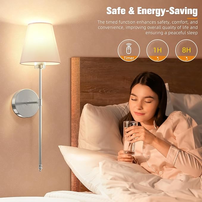 NIORSUN 19.9 inch Battery Operated Wall Sconce Set of 2,Brushed Nickel Rechargeable Wall Lights with 5200mAh Dimmable Detachable Bulbs and Remote,10 Colors Wireless Sconces for Bedroom Living Room - Bloomnest