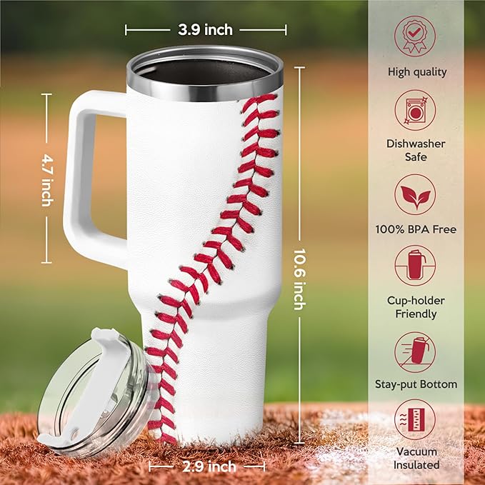 SANDJEST Baseball Tumbler with Handle 40oz, Insulated Stainless Steel Cup with Lid & Straw, Gifts for Men, Boys, Players, Coaches, Sports Lovers, Christmas, Birthday - Bloomnest