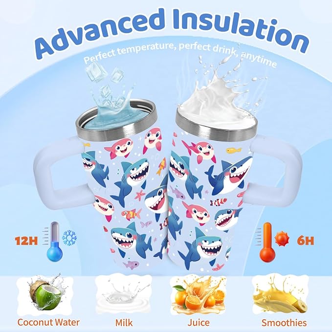 14oz Smiling Shark Tumbler with Handle and Straw, Stainless Steel Vacuum Insulated Tumblers, Birthday Gifts Shark Lover, Daughter, Son, Sister - Bloomnest