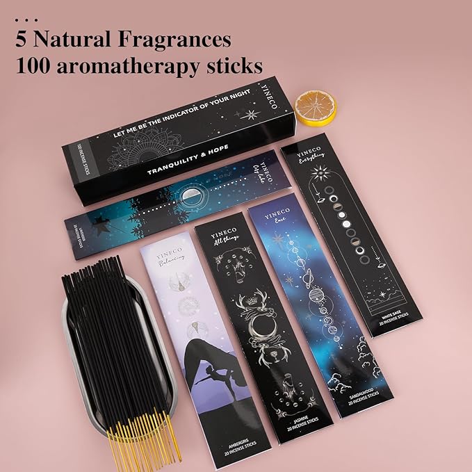 Incense Sticks Set of 100-6 Scents (Dragon's Blood, Lavender, Jasmine, Palo Santo & More) for Relaxation, Sleep & Positive Energy, Long-Lasting Aromatic Sticks (Black) YINECO