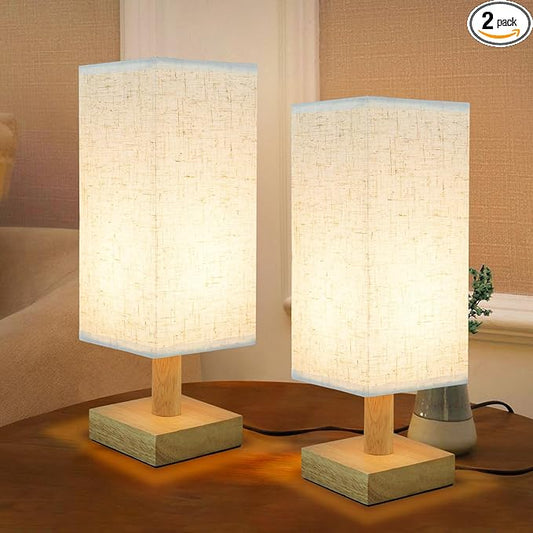 Small Bedside Table Lamps Set of 2, Minimalist Nightstand Lamp Set of 2 with Square Fabric Linen Shade, Mini Reading Night Stand Desk Lamp Set for Bedroom, Living Room, Office 4.3in - Bloomnest