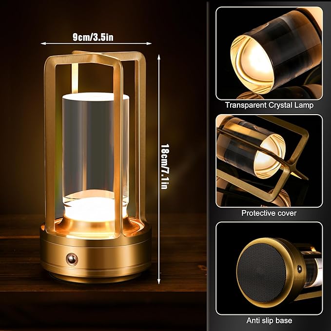 Portable Metal Table Lamp,Cordless Table Lamp, Rechargeable Battery Operated Lights, LED Table Lamps, 3 Color Stepless Dimming Touch, for Bedroom Restaurant Home Outdoor (Golden) - Bloomnest