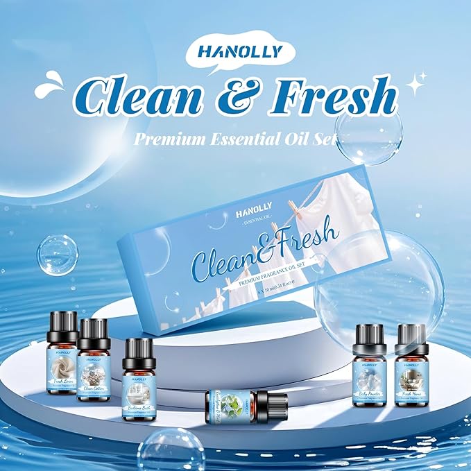 Essential Oils Set, Clean Scents Fragrance Oil Aromatherapy Essential Oils Kit for Diffuser (6x10ML) - Baby Powder, Bedtime Bath, Clean Cotton, Eucalyptus & Mint, Fresh Home, Fresh Linen Scented Oil - Bloomnest
