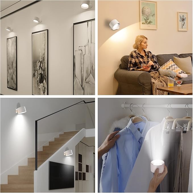 Battery Operated Wall Light, LED Lamp with 360°Adjustable Lighting Indoor Light 3 Color Modes Brightness Levels Touch Control, Mounted for Bedroom Reading Bedside-1Pack White - Bloomnest
