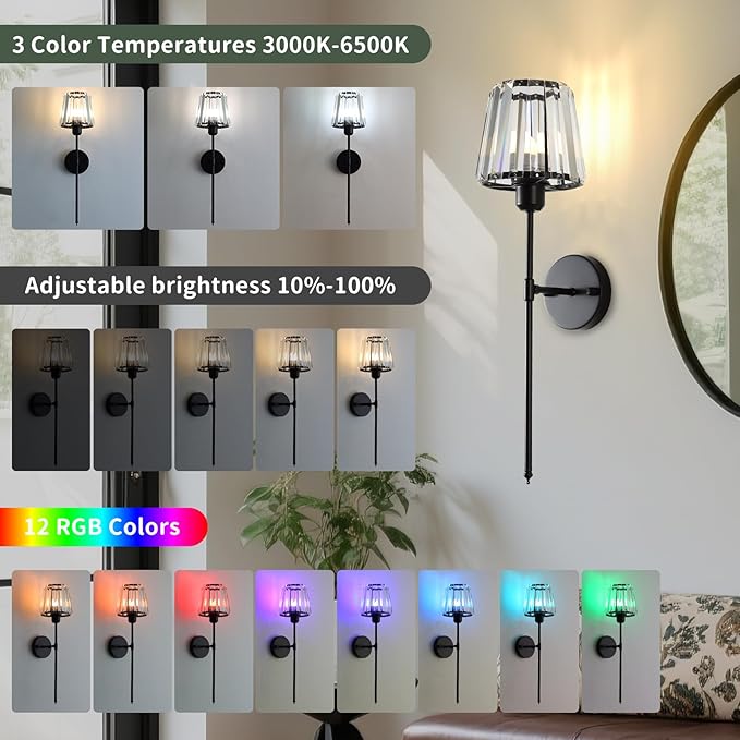 Battery Operated Crystal Wall Sconce Set of 2, Matte Black Wireless Wall Light with Remote Control, LED Dimmable 15 Colors USB Rechargeable Light Bulbs Wall Lamp for Bedroom Living Room Hallway - Bloomnest
