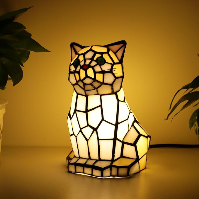 Tiffany Cat Lamp Yellow and White Stained Glass Animal Table Lamp Accent Lamp - Bloomnest
