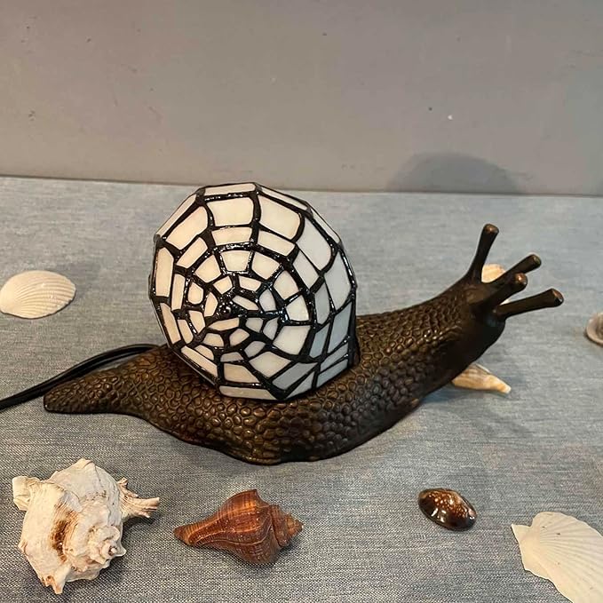 Bieye L10988 Land Snail Tiffany Style Stained Glass Accent Table Lamp for Home Decoration (White, 10" D x 5" W x 5" H) - Bloomnest