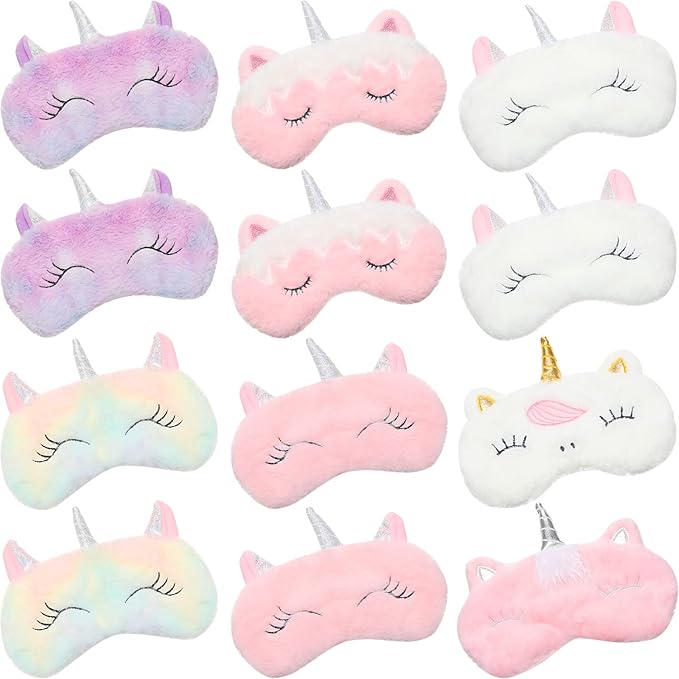 Haysandy 12 Pieces Soft Plush Sleeping Eye Mask Kids Blindfold Shade Cute Sleeping Eye Cover for Women Girls Travel Nap Lunch Break Overnight Party(Unicorn) - Bloomnest
