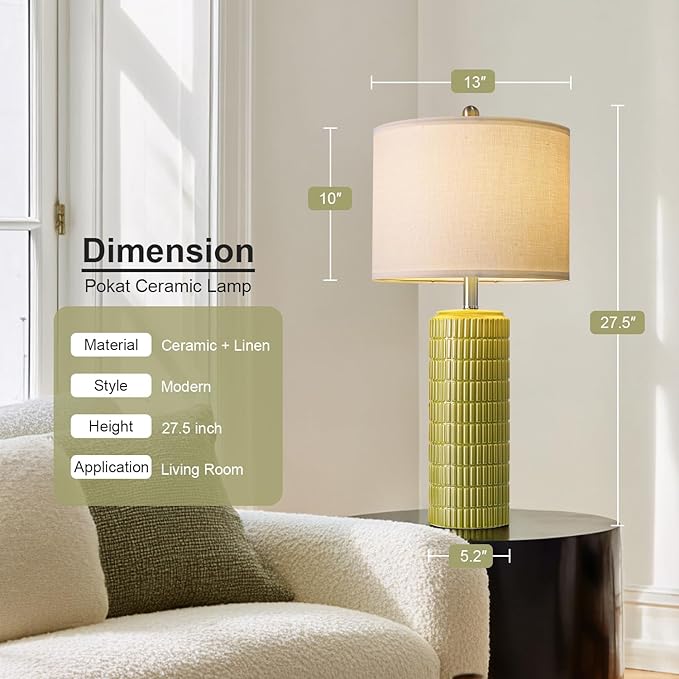 PoKat 27.5'' Tall Table Lamps for Living Room Set of 2, Mid Modern Century Ceramic Bedroom Lamps for Night Stands, Bedside Lamps for Bedroom, Nightstand Lamps for Side End Table Hallway, Green - Bloomnest