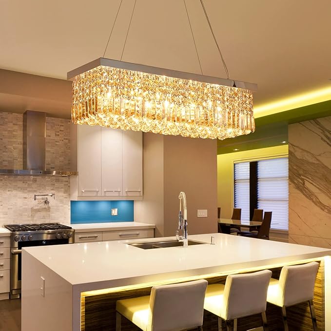 Saint Mossi 5-Lights Modern K9 Crystal Chandelier, Crystal Pendant Light Fixture, H9 x W10 x L31, Chain Adjustable Max 59“, Champagne Crystal & Chrome Finish - Bloomnest