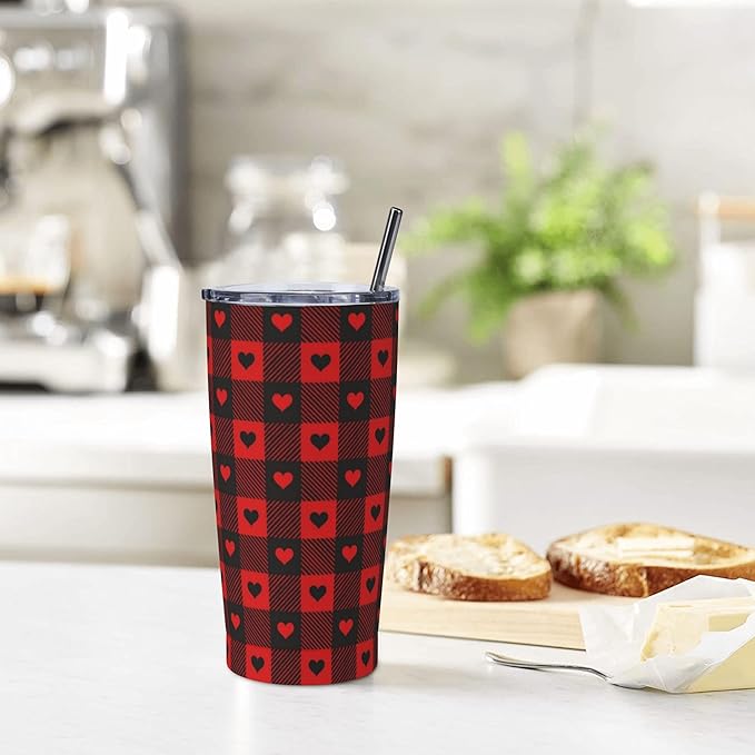 Buffalo Plaid Tumbler with Lid and Straw 20 oz Stainless Steel Cup Insulated Tumbler Coffee Mug for Home Office or Car Christmas Birthday Gifts - Bloomnest