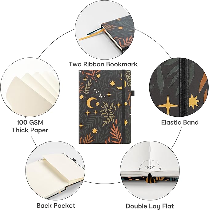 &And Per Se Lined Journal Notebook, 160 Pages, A5 5.7 x 8 inches College Ruled Thick Paper Notebook Journals for Writing, Hardcover Notebooks for Women Men Office School (Lunar Leaf)