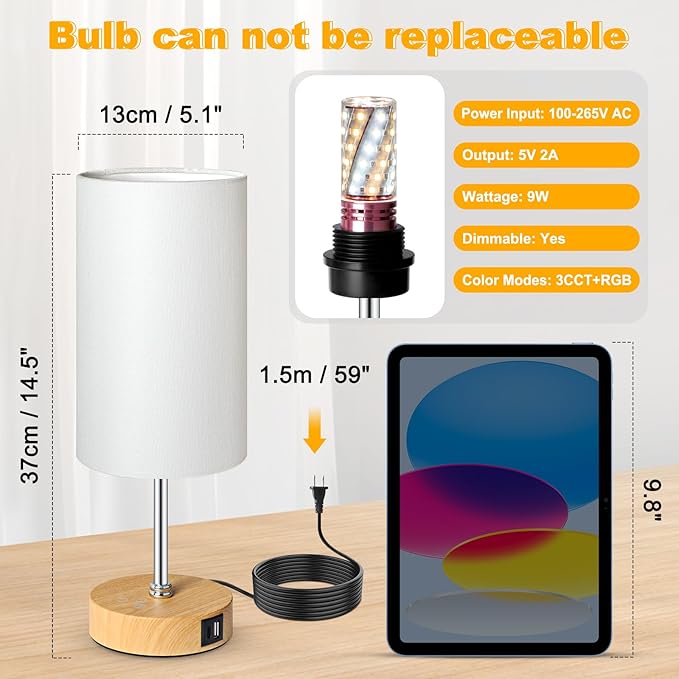 Unicozin Small Table Lamp, 3CCT & 7 RGB Color Changing, Dimmable Nightstand Lamp with Wood Grain Base, Touch Bedsides Lamp for Bedroom, Office, Kids Room, Nursery, Party, White Shade - Bloomnest