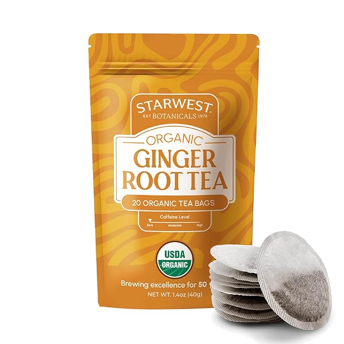 Starwest Botanicals Organic Ginger Root Tea - Caffeine Free Herbal Tea, Supports Digestion, String Free Sachets, USDA Organic Ginger Root, Non GMO - 20 Tea Bags - Bloomnest