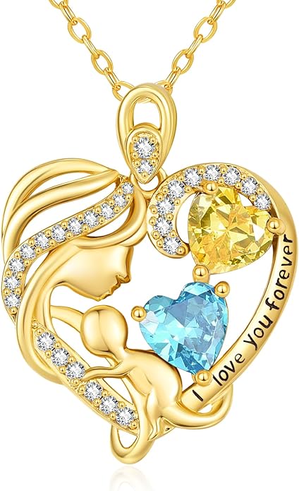 14K Gold Double Birthstone Heart Necklace for Women Mom, Mother Son/Daughter Pendant Necklace for Christmas Mother's Day Birthday Gifts for Wife Daughter Grandmom - Bloomnest