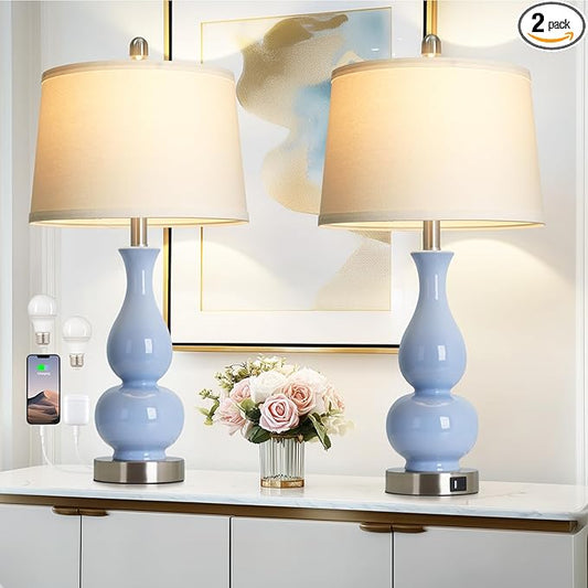 27" Blue Gourd Ceramic Lamps Set of 2, Coastal Ceramic Table Lamps for Living Room with USB A+C Ports, Classic Bedside Lamp for Nightstand, Tall Lamps for Bedroom Side End Table Home Decor - Bloomnest