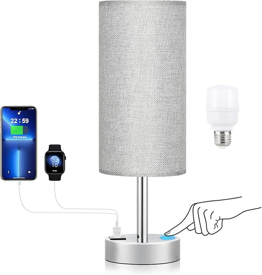 Grey Touch Nightstand Lamps for Girl - Small Bedside Lamp with USB-C and USB Charging Ports, 3 Way Dimmable Control Table Lamp for Living Room Office, Dorm, Reading with Fabric Shade Silver Base - Bloomnest
