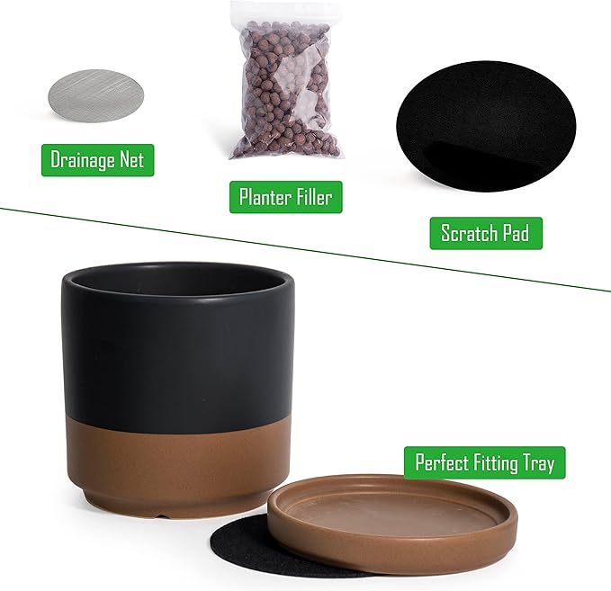 D'vine Dev 8 Inch & 10 Inch Ceramic Planter Pot for Plants with Drainage Hole and Saucer, Large Plant Pots Set, Black/Speckled Tan, 94-G-L-7 - Bloomnest