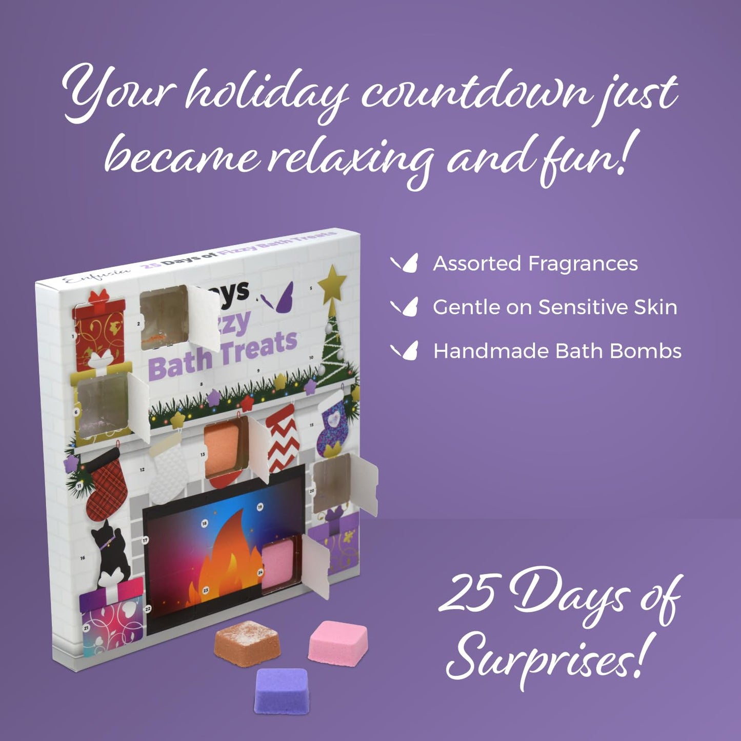 Enfusia Bath Bomb Advent Calendar (25 Days) Unique Holiday Gift Set | Natural Mini Fizz Treats for Kids, Teens | Vegan & Dye-Free Christmas Countdown Box USA