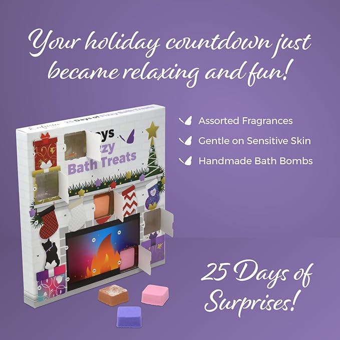 Enfusia Bath Bomb Advent Calendar (25 Days) Unique Holiday Gift Set | Natural Mini Fizz Treats for Kids, Teens | Vegan & Dye-Free Christmas Countdown Box USA - Bloomnest