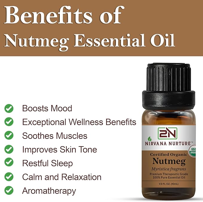 Nutmeg Essential Oil, USDA Certified Organic, 100% Pure Undiluted, Aromatherapy Oil for Diffuser, Hair & Skin Care NirvanaNurture