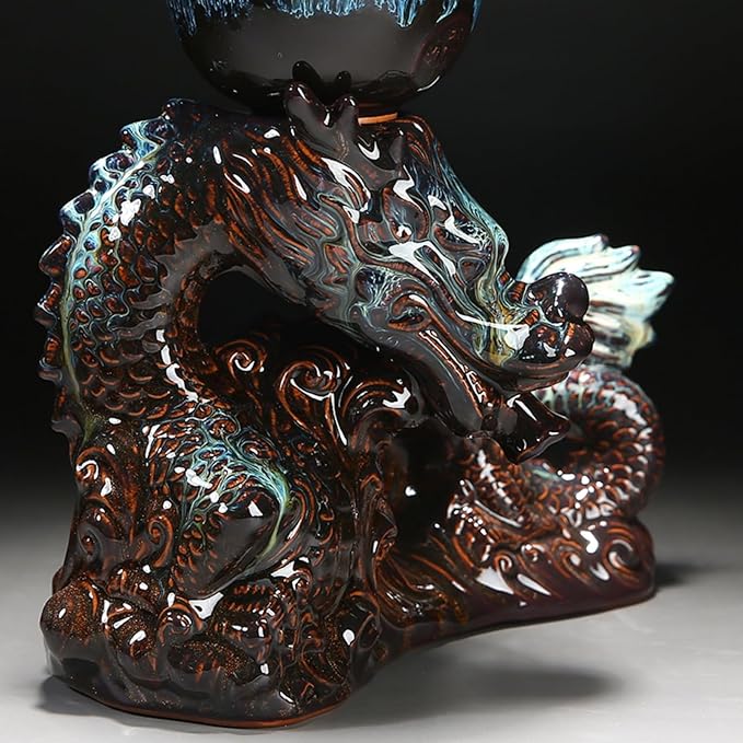 Chinese Gongfu Tea Set - Ceramic Teapot with Infuser, 8 Cups, Semi Automatic Dragon Design for Loose Leaf Tea