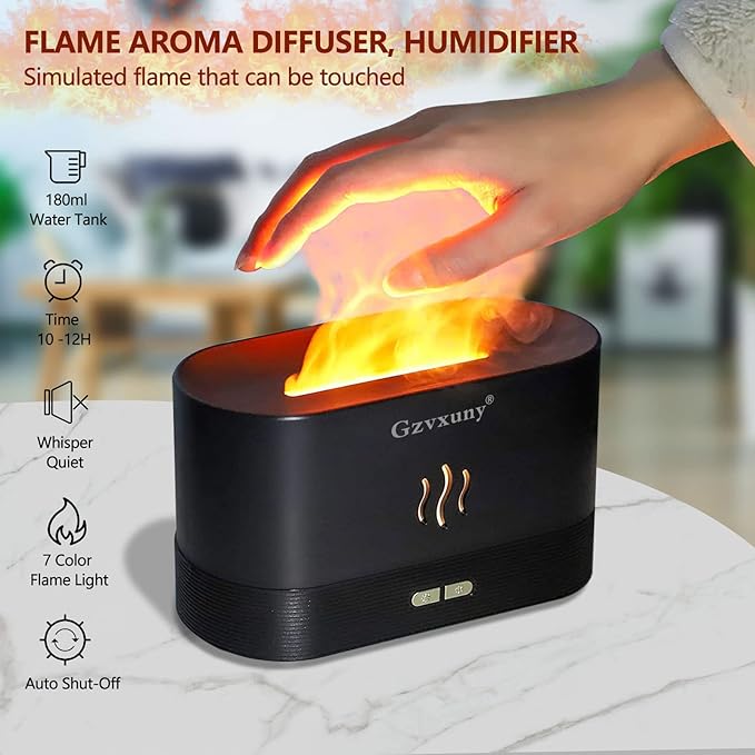Flame Essential Oil Diffuser, Upgrade 7 Colour Lights Aromatherapy Diffuser, Super Quiet Air Humidifier, Electric Aroma Diffuser, Waterless Auto-Off for Home Office Room - Black - Bloomnest