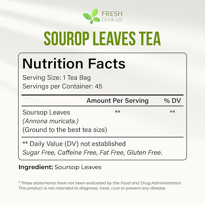 FreshDrinkUS, Premium Soursop Graviola Leaf Tea | 45 Tea Bags form Powder, 100% Natural and Pure, Handmade, Made With Natural Materials-Corn Fiber Tea Bag, Sugar/Caffeine Free, Hoja Guanabana Tea - Bloomnest