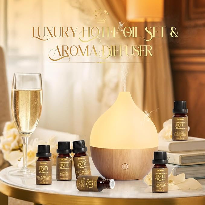 SALKING Essential Oil Diffuser with Luxury Hotel Fragrance Oil Set, 100ml Small Ultrasonic Aromatherapy Diffuser, Auto Shut-Off, Warm White Light, Cool Mist Humidifier for Home & Office - Bloomnest