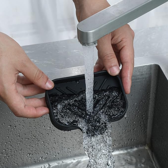 Silicone Bathroom Soap Dishes with Drain Spout-Bathroom and Kitchen Sink Organizer,Sponge Holder,Dish Soap Tray,Perfect for Dispenser,Scrubber,Bottle,Cup on Sink or Counter-Black 4.9"×3.2" - Bloomnest