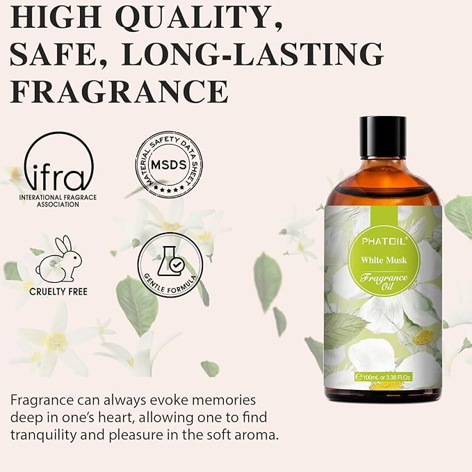 100ML/3.38fl.oz White Musk Fragrance Oils, PHATOIL White Musk Oil for Diffuser, Humidifier, Scented Oils for DIY Soap, Candle Making with Premium Glass Dropper PHATOIL
