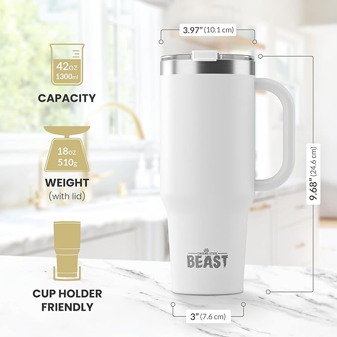 Beast 42 oz Tumbler Stainless Steel Vacuum Insulated Coffee Ice Cup Double Wall Travel Flask (Arctic White) - Bloomnest