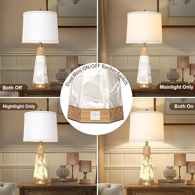 27" Natural Alabaster And Real Wood Table Lamp Set of 2 With Night Light Nightstand Lamps With USB Ports White Linen Fabric Shade Bedside Lamp Decor For Living Room Bedroom Home Office Hotel Bar House - Bloomnest