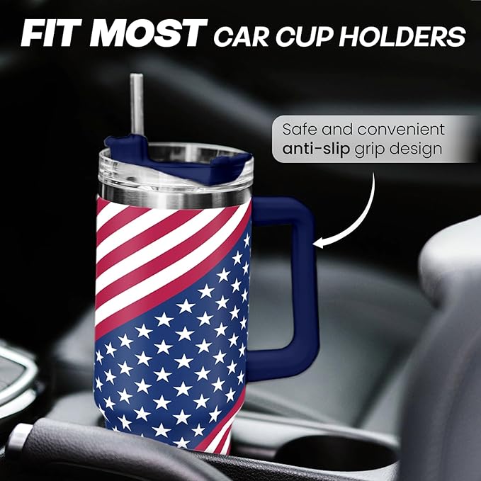 SANDJEST American Flag Tumbler with Handle, America Engraved 40oz Stainless Steel Insulated Coffee Mug with Lid & Straw, America Gifts for Men Women, USA Tumblers Cup Gift for Christmas - Bloomnest