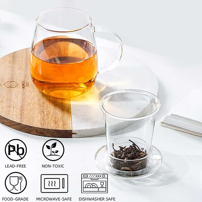 Lezero Glass Tea Cup with Strainer and Lid Gift Kit, Borosilicate Infuser Mugs with Filter for Blooming & Loose Leaf Tea, Heat Resistance, Lead-free, Microwave & Dishwasher Safe, 17oz - Bloomnest