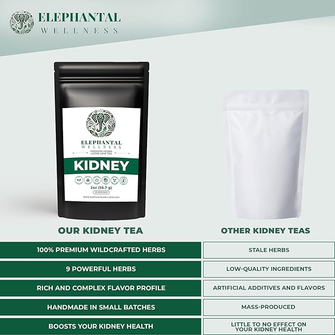 Elephantal Wellness Premium Kidney Herbal Tea | Urinary Tract & Kidney Support with Dandelion, Gravel Root, Goldenrod & Marshmallow | Handmade, Caffeine-Free, Non-GMO Loose Leaf Blend, 2oz, 20 Servings - Bloomnest