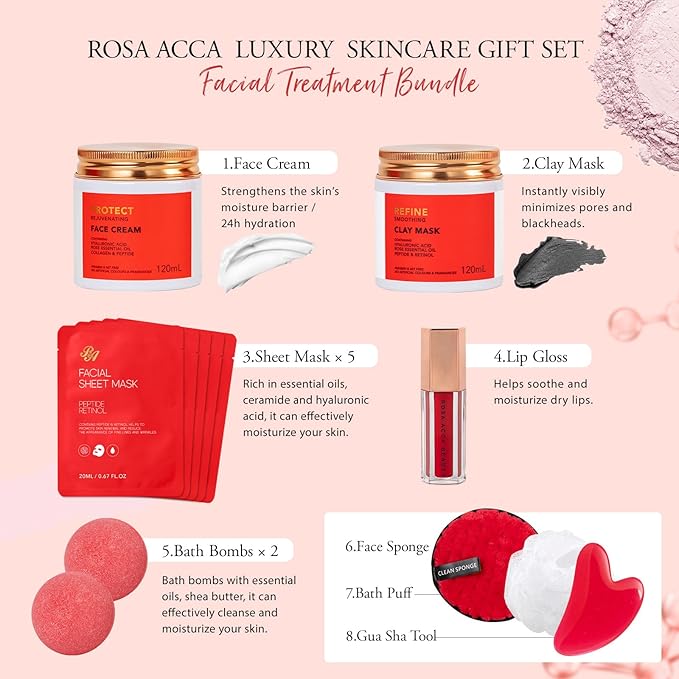 Valentines Day Gifts for Women, Red Rose 32 Pcs Facial Skin Care Set, Bath and Body Gifts, Spa Set & Self-Care Kit, Lip Gloss, Face Sheet Mask, Serum, Present, Birthday, Christmas, Mother Day
