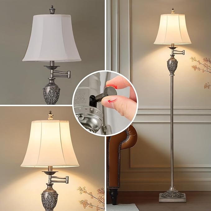 Traditional LED Floor Lamp with 350° Adjustable Swing Arm Lamp – Vintage Standing Pole lamp for Living Room, Bedroom and Office – Rustic Upright Floor Light for Home Décor with Silk Fabric Shade - Bloomnest