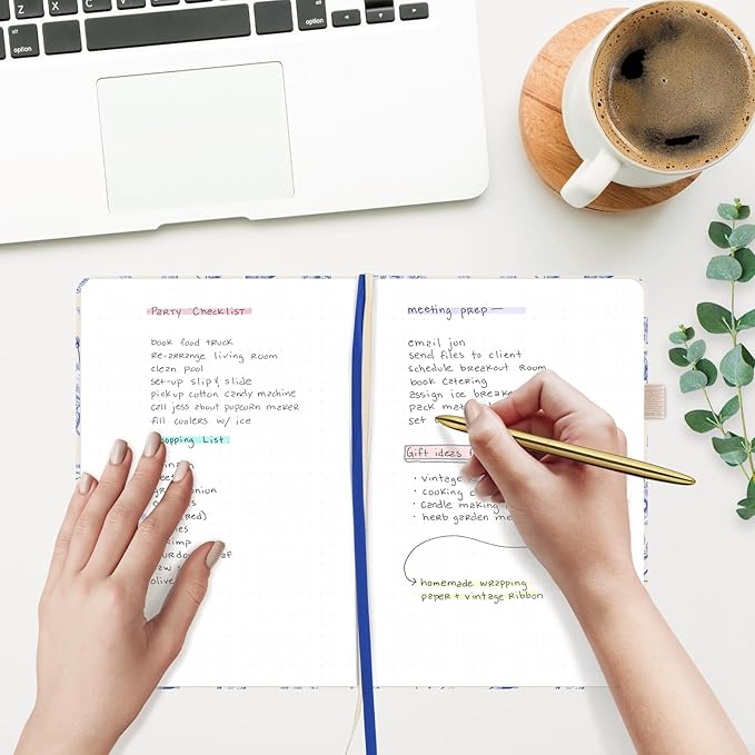 &And Per Se Dotted Journal Notebook, A5 Hardcover Bullet Dotted Journal, 160 Pages 100 gsm Thick Paper, 3 Sheets of Stickers Included - 5.7'' x 8'' (Blue Flowers)