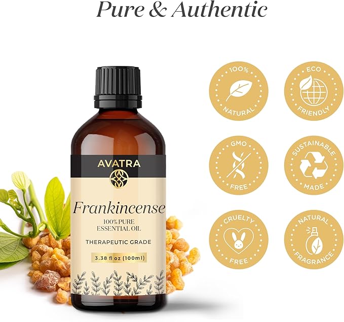 Avatra Frankincense Essential Oil 100ML (3.38 OZ) with Glass Dropper and Travel Bottle, Pure and Natural Therapeutic Grade Frankincense Oil for Diffuser, Aromatherapy, Massage, and DIY Candle Products - Bloomnest