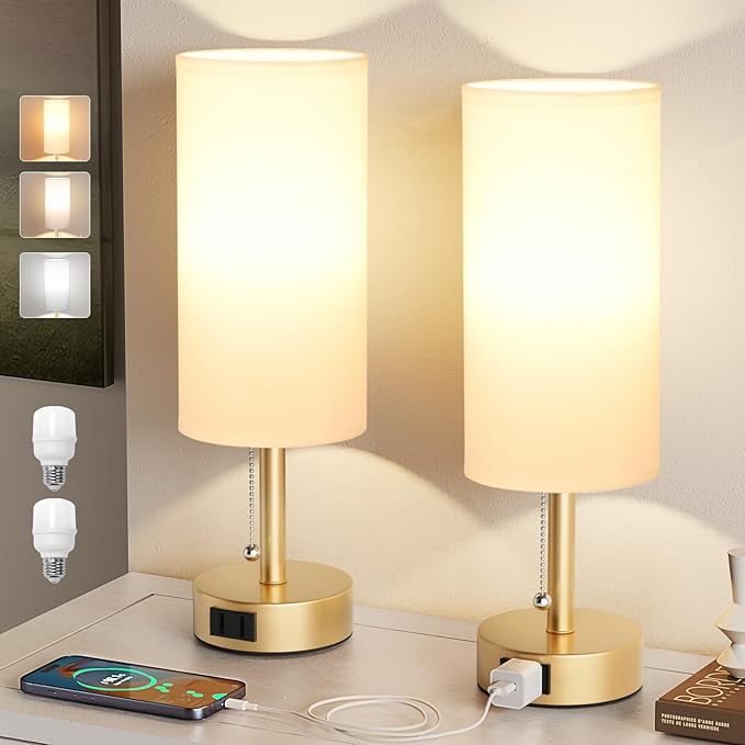 Fenmzee Gold Bedside Table Lamps Set of 2-3 Color Temperatures Pull Chain Lamp with AC Outlet Charging Port, Two Round Night Stand Lamps for Bedroom Office Living Room - Bloomnest
