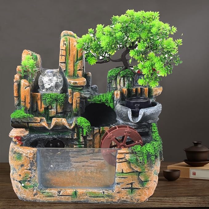 11.8" Tabletop Water Fountain, Indoor Rockery with LED Mist & Fish Tank, Mini Pond Aquarium, Desktop Waterfall for Home Office Desk, Zen Decor - Bloomnest