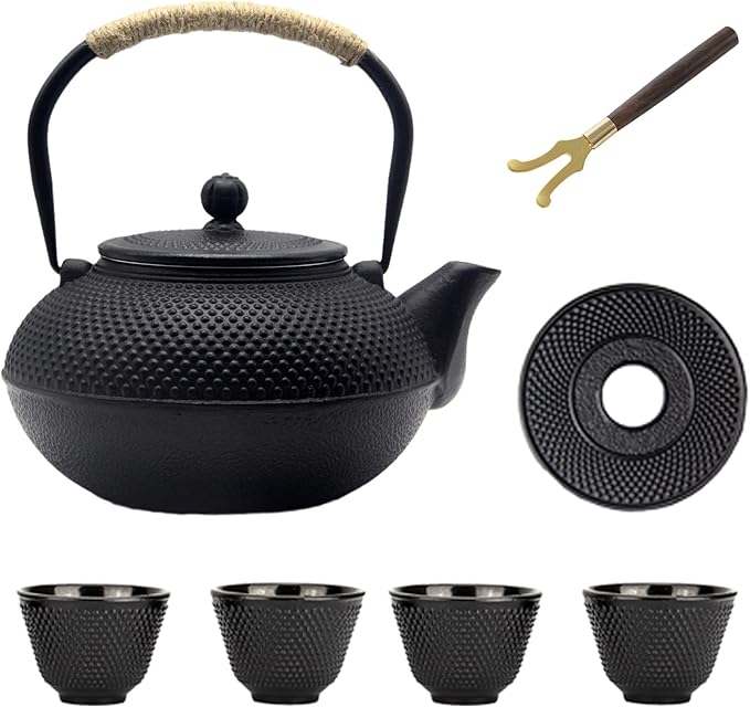 Big Cast Iron Teapot, Japanese Tetsubin Tea Kettle for Stovetop Safe, Cast Iron Teapot with Stainless Steel Infuser for Loose Tea and a Fully Enameled Interior (1500ml Tea Set with Cups) - Bloomnest