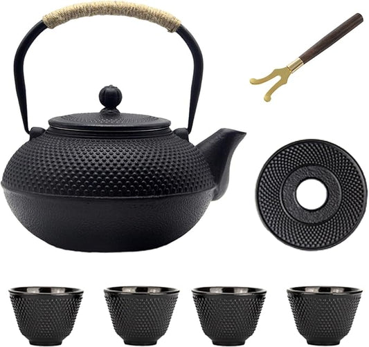 Big Cast Iron Teapot, Japanese Tetsubin Tea Kettle for Stovetop Safe, Cast Iron Teapot with Stainless Steel Infuser for Loose Tea and a Fully Enameled Interior (1500ml Tea Set with Cups) - Bloomnest