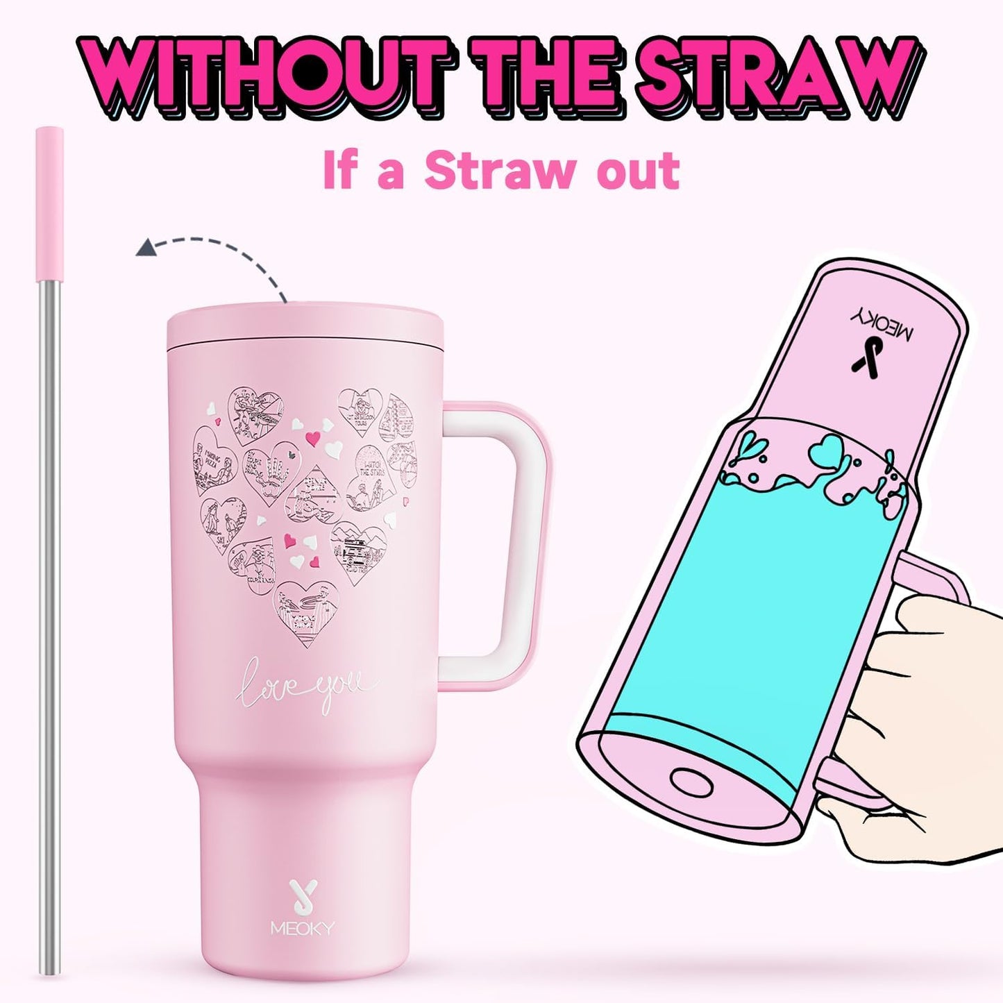Meoky 40 oz Tumbler with Handle for Couples: Stainless Steel Insulated Tumbler with 24 Waterproof Love Stickers - Girlfriend Boyfriend Wife Husband, Love You