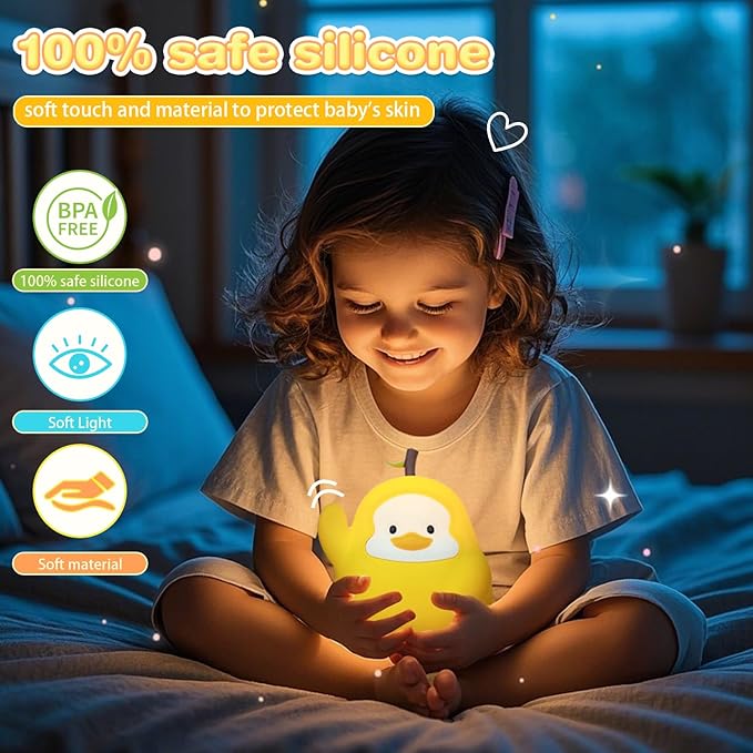 Night Light for Kids, Rechargeable Dimmable Silicone LED Nightlight with 7 Colors, Baby Nursery Night Lamp, Touch Squishy Lamp, Cute Gifts for Girls, Boys, Toddler Room Decor, Yellow Duck - Bloomnest