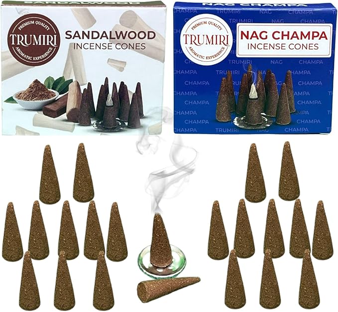 TRUMIRI Incense Cones - Combo Pack of 20 Cone Incense - 10 Nag Champa + 10 Sandalwood - Insence Cones - Incense Cones Scented - Cone Incense Scents - Insense Cones - Incent Cone TRUMIRI