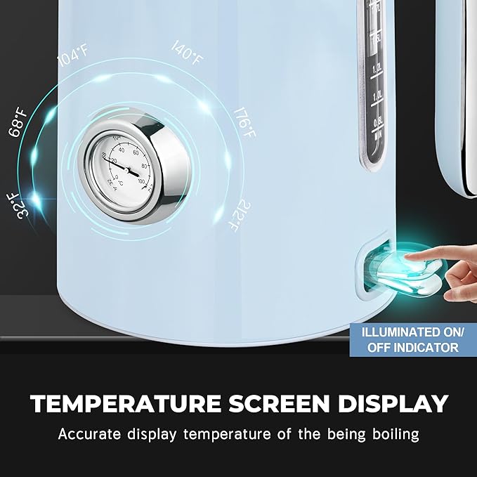 SUSTEAS Electric Kettle - 57oz Hot Tea Kettle Water Boiler with Thermometer, 1500W Fast Heating Stainless Steel Tea Pot, Cordless with LED Indicator, Auto Shut-Off & Boil Dry Protection, Blue